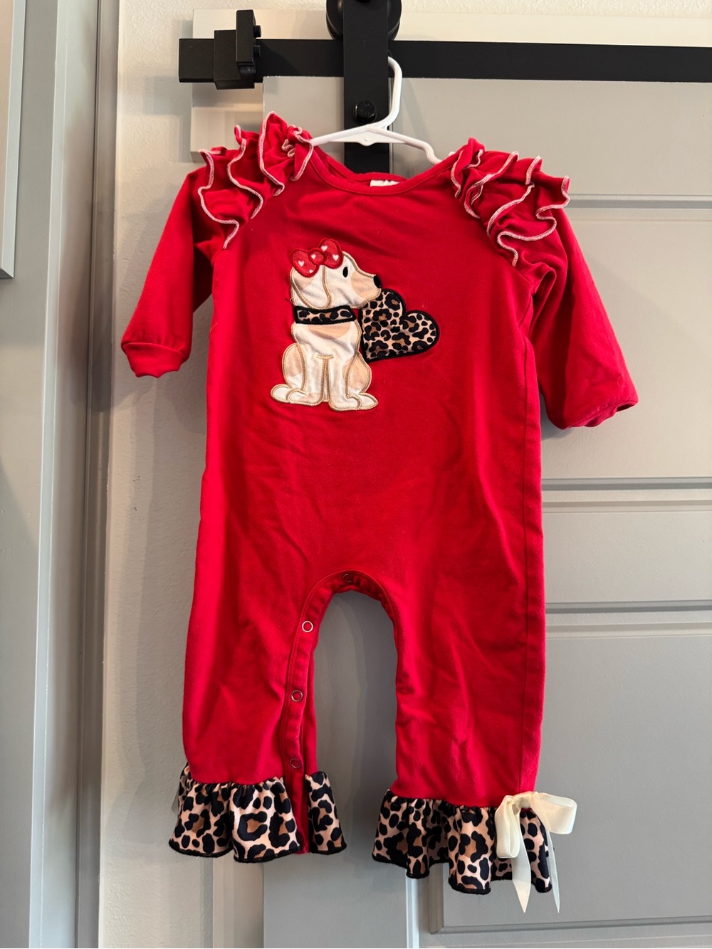 Red Ruffle Valentine’s Day Puppy Appliqué One-Piece for Kids